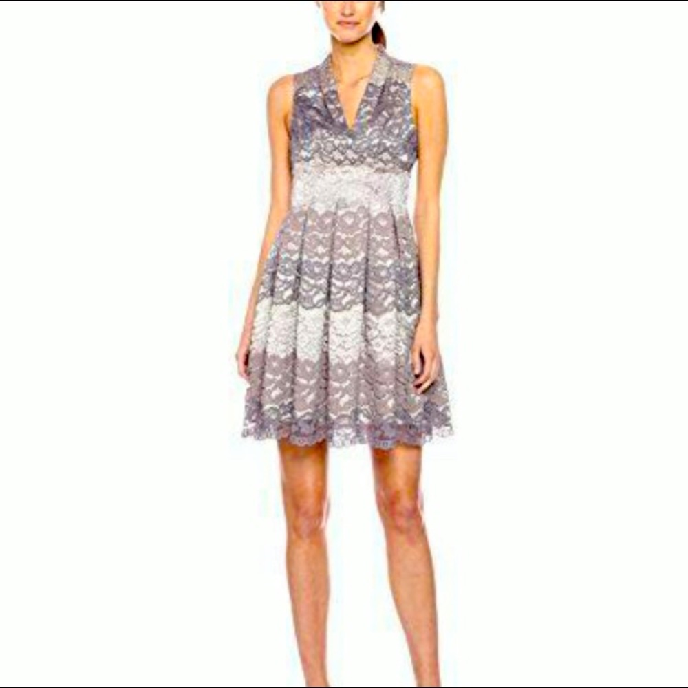 Vince Camuto Gray and White Lace Midi Dress